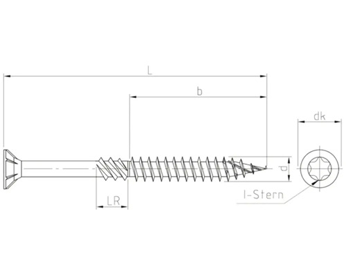 Technische Zeichnung einer Schraube mit I-Stern Antrieb und Maßangaben