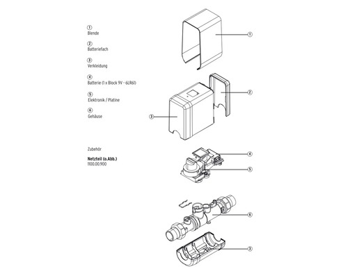 Schéma éclaté d''un appareil avec boîtier, batterie, électronique et accessoires
