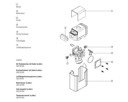 Vue éclatée des accessoires d''un appareil, comprenant un diaphragme, un compartiment à piles, une coupelle, un transducteur de pression, une clé d''urgence, un capuchon de protection et une cartouche de conductivité.