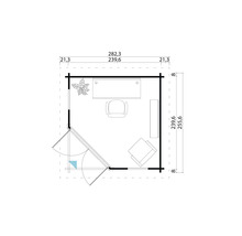 Grundriss eines Gartenhauses mit Möbeln und Maßangaben