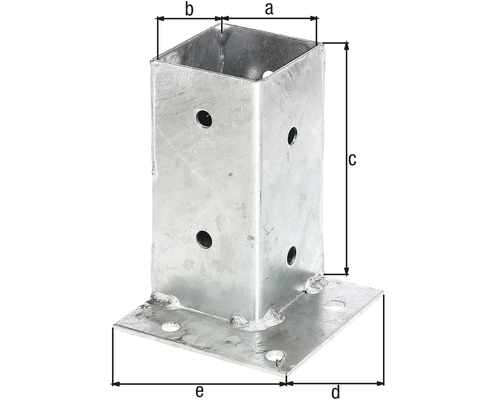 Support de poteau avec les dimensions a, b, c, d et e