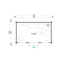 Grundrisszeichnung eines Gartenhauses mit Möbeln und Abmessungen.