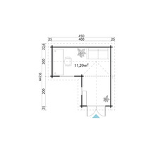 Grundriss eines Gartenhauses mit Möbeln und Bemaßungen.