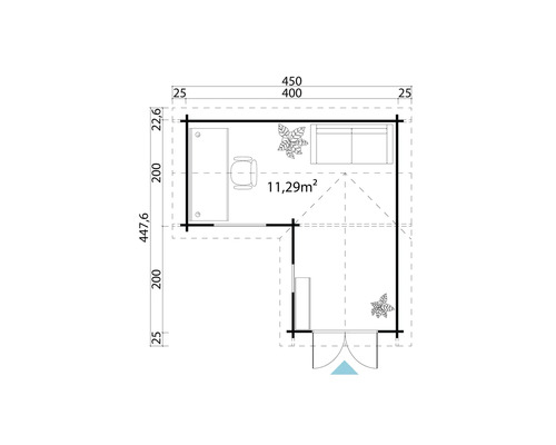 Grundriss eines Gartenhauses mit Büro, Schreibtisch, Stuhl und Sofa mit Abmessungen