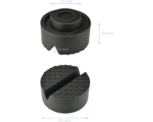 Zwei schwarze Gummi-Wagenheberaufnahmen mit den Maßen 38 mm, 29 mm, 12 mm und 65 mm.