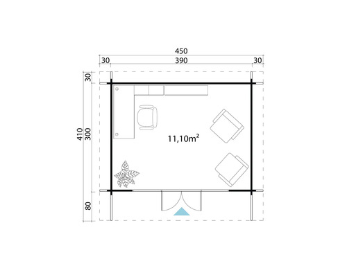 Plan d''un abri de jardin avec mobilier et dimensions de 450 sur 410 centimètres.
