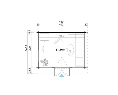 Grundrisszeichnung eines Gartenhauses mit Möbeln und Größenangaben