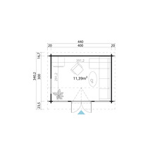 Grundrisszeichnung eines Gartenhauses mit Maßen und Möblierung