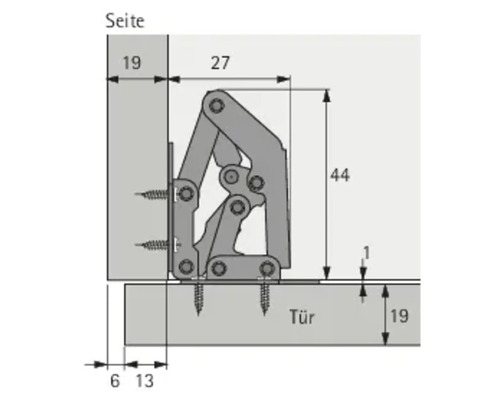 Schéma technique d''une ferrure d''abattant avec cotes pour le montage.