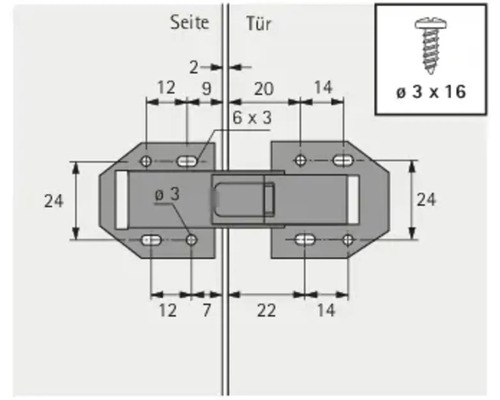 Schéma technique d''une charnière de meuble avec les dimensions pour le montage sur une porte