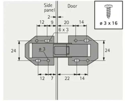 Schéma technique d''une charnière de porte avec dimensions et vis