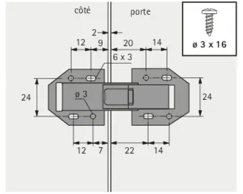 Schéma technique d''une charnière de meuble avec dimensions
