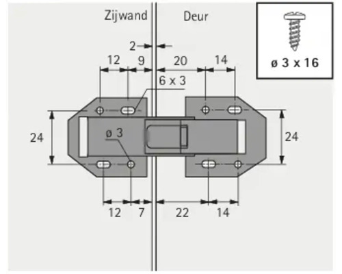 Schéma technique d''une charnière de meuble avec les dimensions