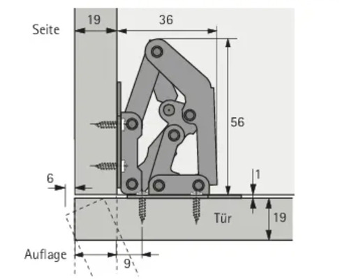 Dessin technique d''une charnière de meuble avec indications de dimensions