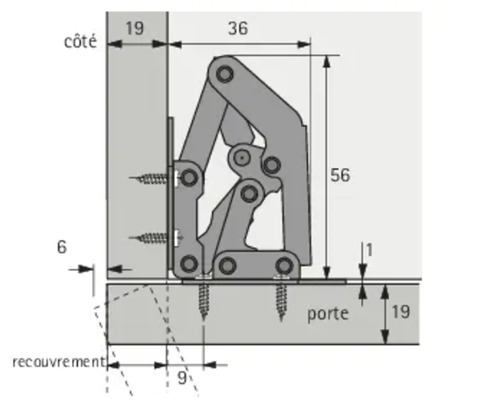 Schéma d''une ferrure d''abattant avec indications de dimensions pour le montage.
