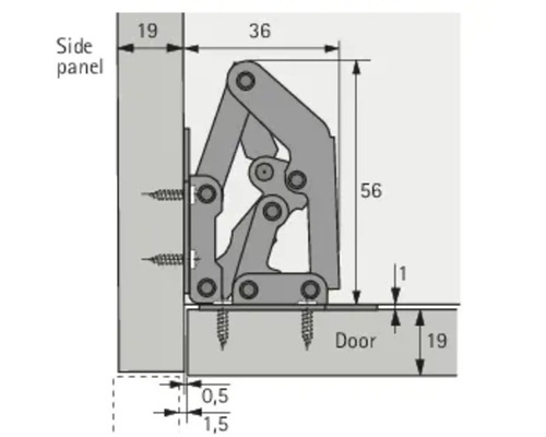 Schéma technique d''une ferrure de porte relevable avec indications de dimensions pour le montage sur une porte de placard