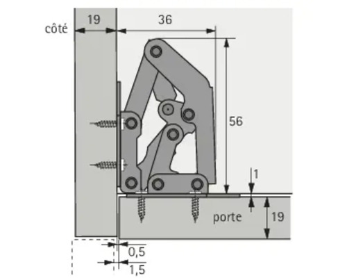 Dessin d''une charnière de porte relevable avec indications de dimensions