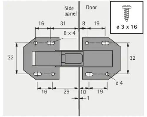 Schéma technique d''une serrure de meuble avec dimensions