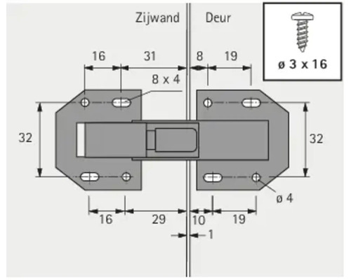 Schéma technique d''une charnière de meuble avec cotes pour paroi latérale et porte.