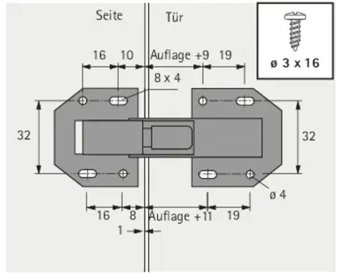 Dessin technique d''une charnière de meuble avec indications de dimensions