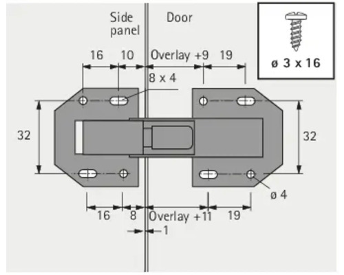 Dessin technique d''une charnière avec les dimensions du panneau latéral et de la porte