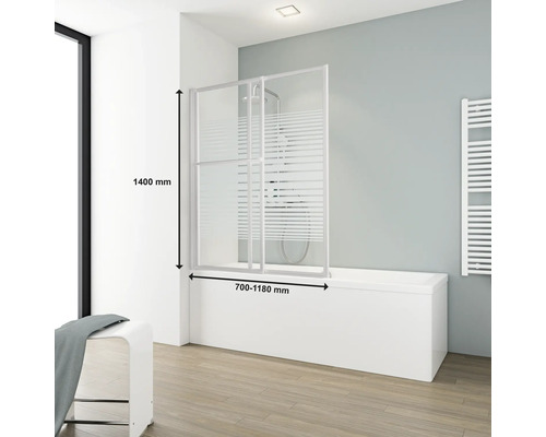 Pare-baignoire avec deux portes coulissantes en verre et cadre en aluminium, dimensions 1400 mm de hauteur et 700 à 1180 mm de largeur.