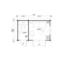 Grundrisszeichnung eines Gartenhauses mit Maßangaben.