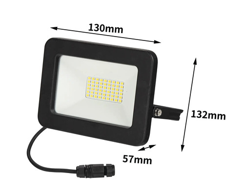 Projecteur LED de dimensions 130 mm sur 132 mm sur 57 mm.