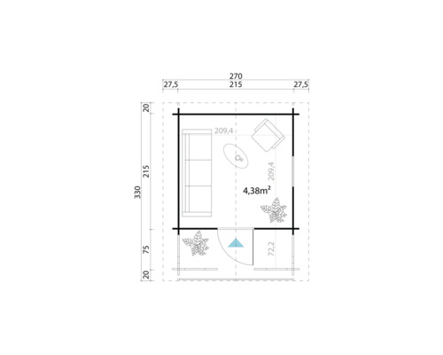 Grundriss eines Gartenhauses mit Maßen