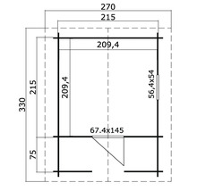 Grundrisszeichnung eines Gartenhauses mit Maßangaben