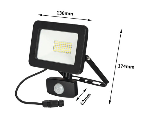 Projecteur LED avec détecteur de mouvement et dimensions de 130 mm x 174 mm x 62 mm.