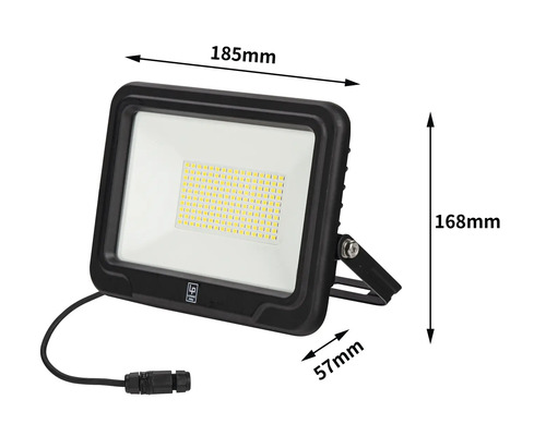 Projecteur LED avec dimensions indiquées pour la largeur, la hauteur et la profondeur