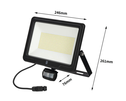 Projecteur LED avec détecteur de mouvement, dimensions 246 mm x 261 mm x 76 mm