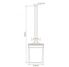 Dessin technique d''une brosse de toilette avec les dimensions : diamètre en haut 12,7 mm, diamètre de la tête de brosse 55 mm, diamètre du récipient 94 mm, hauteur 350 mm.
