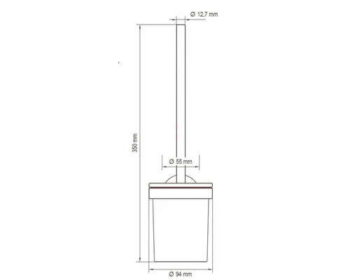 Technische Zeichnung einer Toilettenbürste mit den Maßen: Durchmesser oben 12,7 mm, Durchmesser Bürstenkopf 55 mm, Durchmesser Behälter 94 mm, Höhe 350 mm.