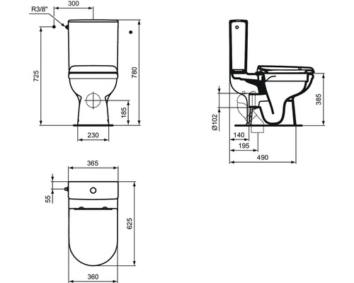 Dessin technique d''un modèle de toilettes avec dimensions