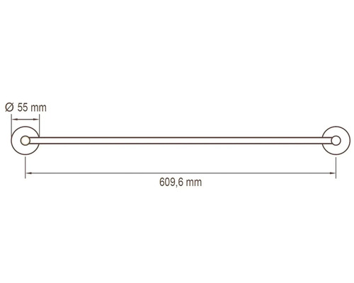Technische Zeichnung einer Handtuchstange mit den Maßen Durchmesser 55 Millimeter und Länge 609,6 Millimeter.