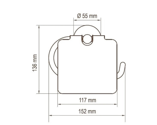 Maßzeichnung eines Toilettenpapierhalters mit den Maßen 136 mm Höhe, 152 mm Breite und 55 mm Durchmesser