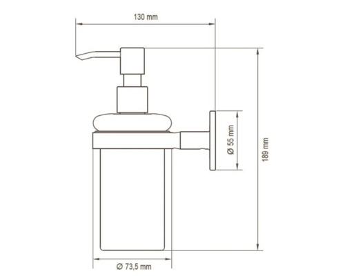 Technische Zeichnung eines Seifenspenders mit Maßangaben.