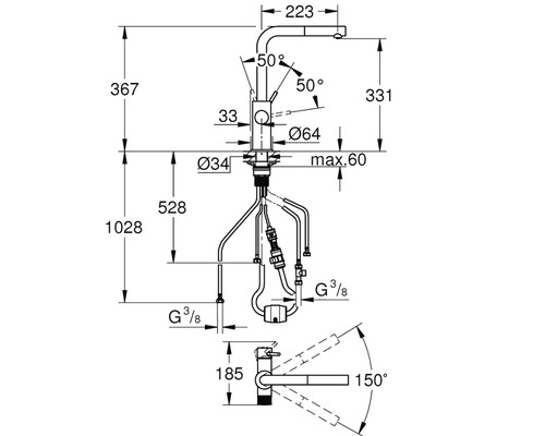 Technische Zeichnung einer Küchenarmatur mit Maßangaben