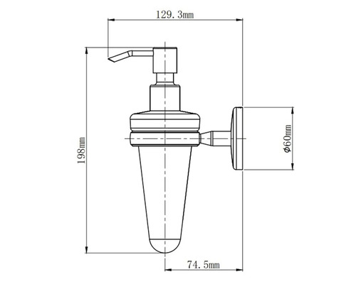 Technische Zeichnung eines Seifenspenders mit Maßangaben