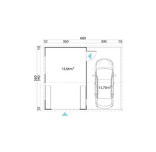 Grundriss einer Garage mit den Maßen 680 mal 560 Zentimeter und einer Fläche von 18,66 Quadratmetern
