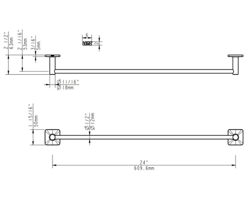 Technische Zeichnung eines Handtuchhalters mit Maßangaben
