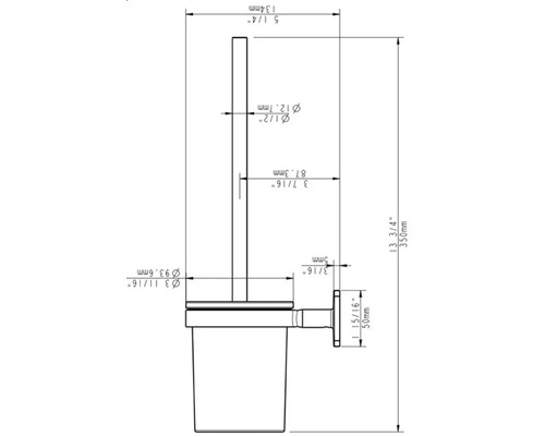 Technische Zeichnung einer Toilettenbürste mit Maßangaben