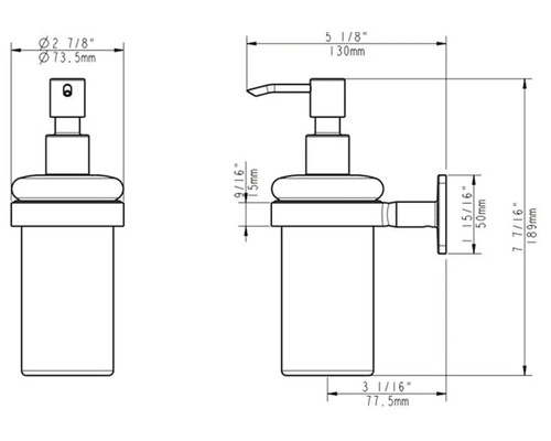 Technische Zeichnung eines Seifenspenders mit Maßangaben.