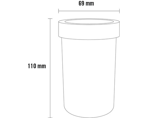 Skizze eines Behälters mit den Maßen 110 mm Höhe und 69 mm Durchmesser.