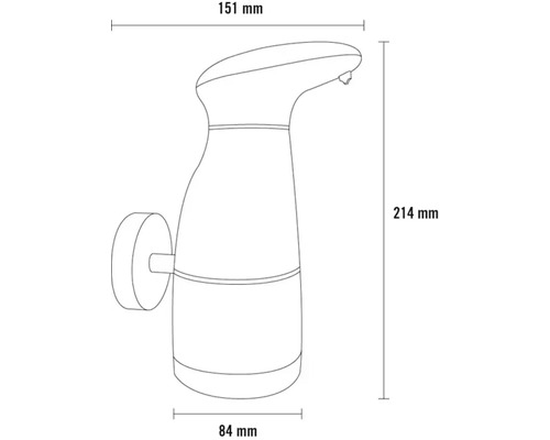 Technische Zeichnung eines Seifenspenders mit den Maßen 151 mm Breite, 214 mm Höhe und 84 mm Tiefe.