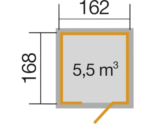 Grundrisszeichnung mit den Maßen 162 mal 168 und 5,5 Kubikmeter Rauminhalt