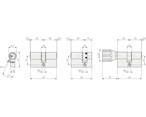 Dessin technique d''un cylindre de serrure ABUS avec indications de dimensions