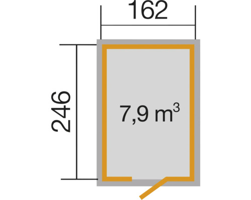 Grundrisszeichnung mit den Massen 162 mal 246 und einem Rauminhalt von 7,9 Kubikmeter